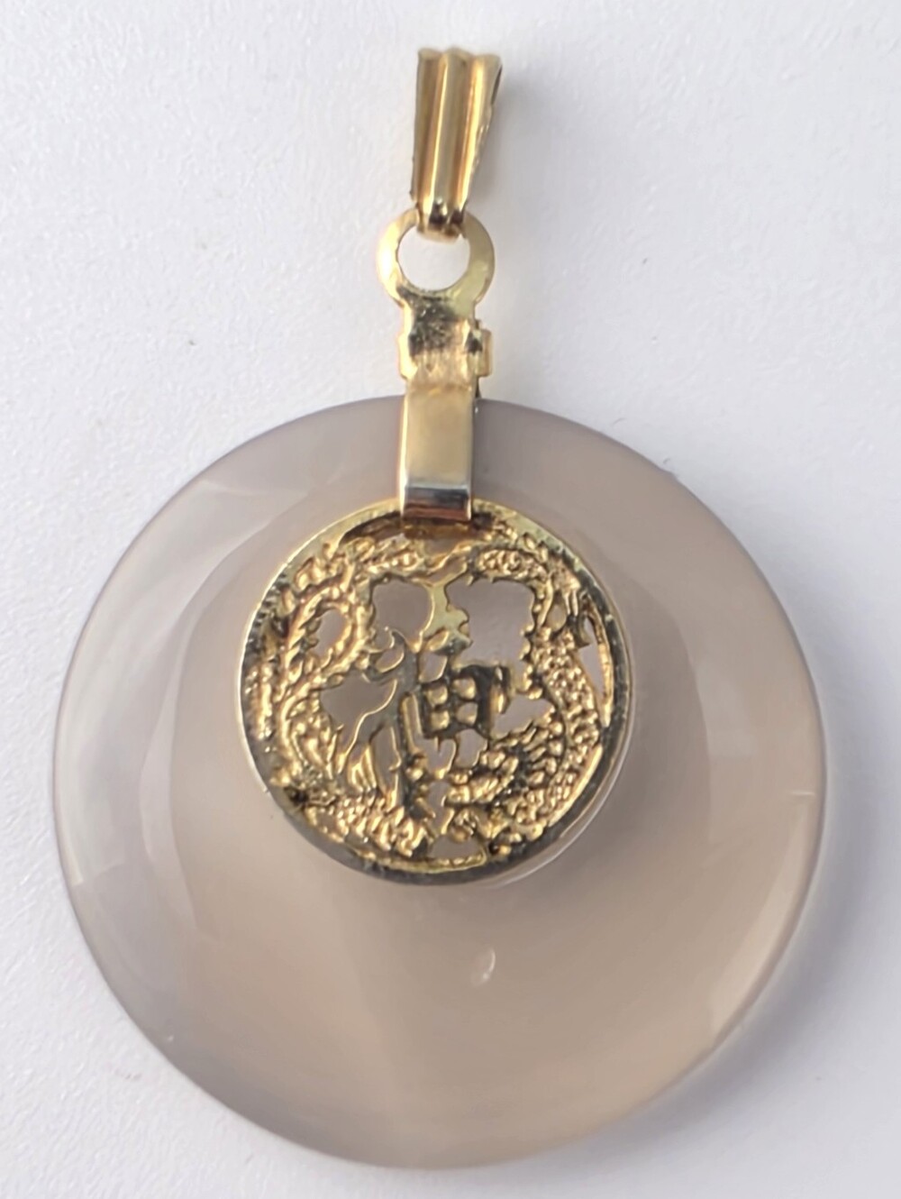 Vintage Lavender Jade Disk Gold Played Dragon Pendant 1"